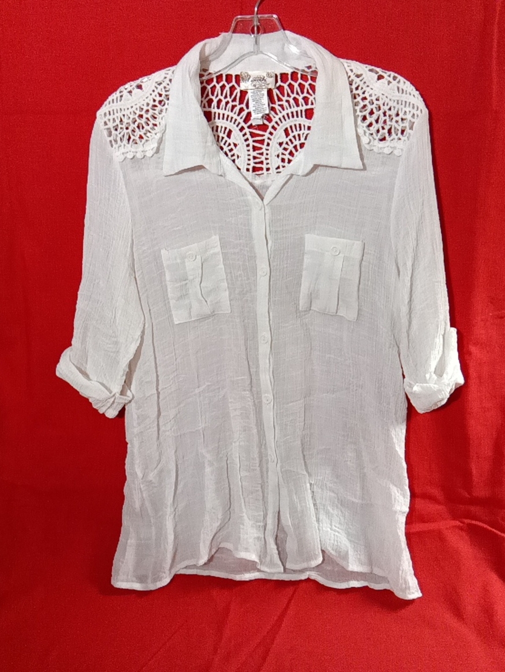 Lavish White Crochet-Shoulder Button-Down Blouse